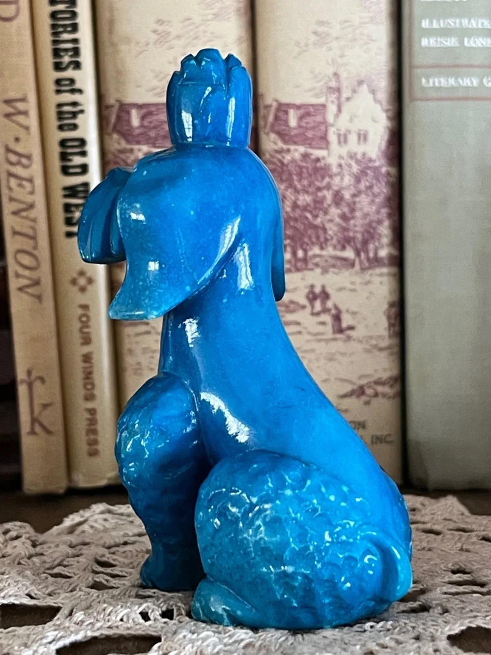 Adorable Cerulean Blue Slag Glass Poodle Dog Figurine